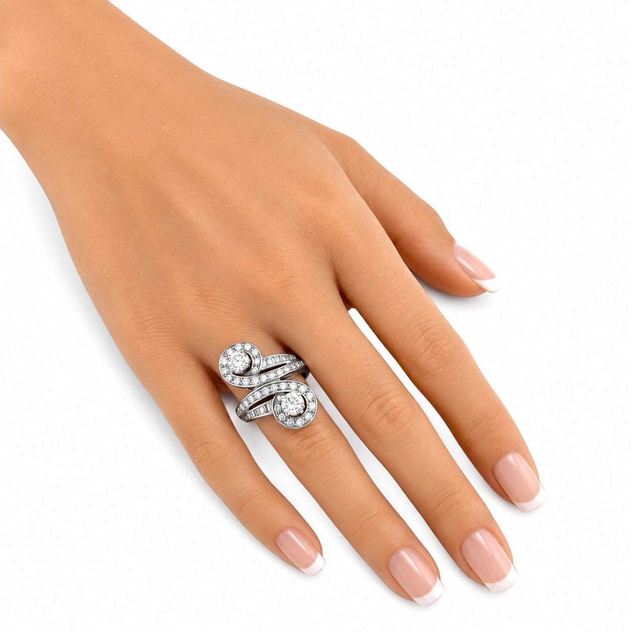 18K white gold diamond ring with swirl pavé setting on a hand