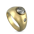 Yellow gold three-stone diamond ring with round center stone and two side stones