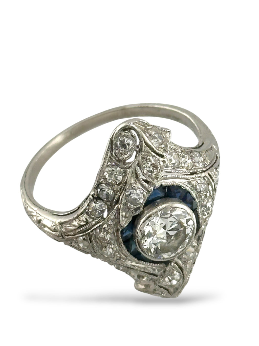 Art Deco Platinum Ring with 1.75ct of Diamonds and Sapphires