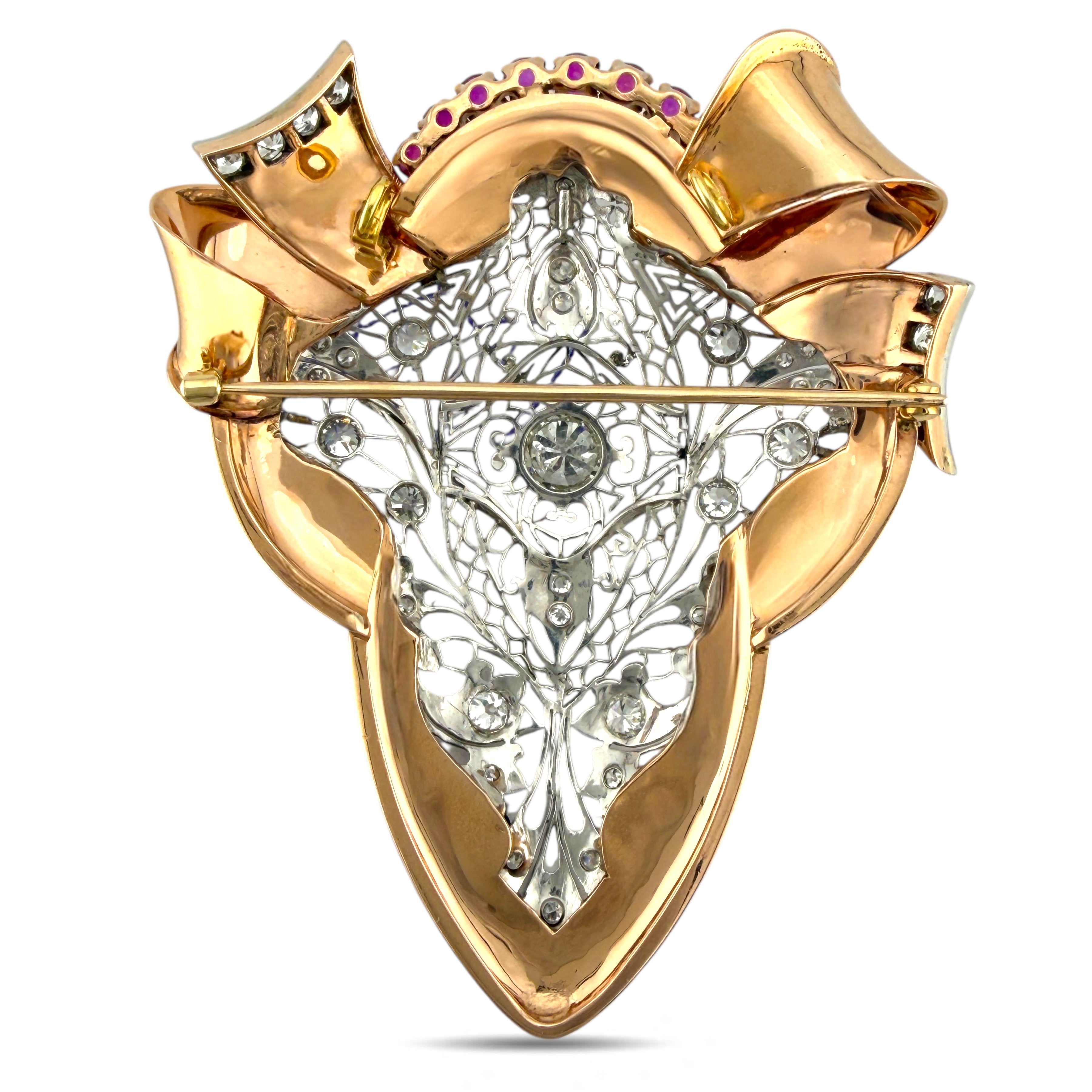Art Deco 14K Rose Gold 3.1ct Diamond and 1.6ct Ruby Brooch and Pendant