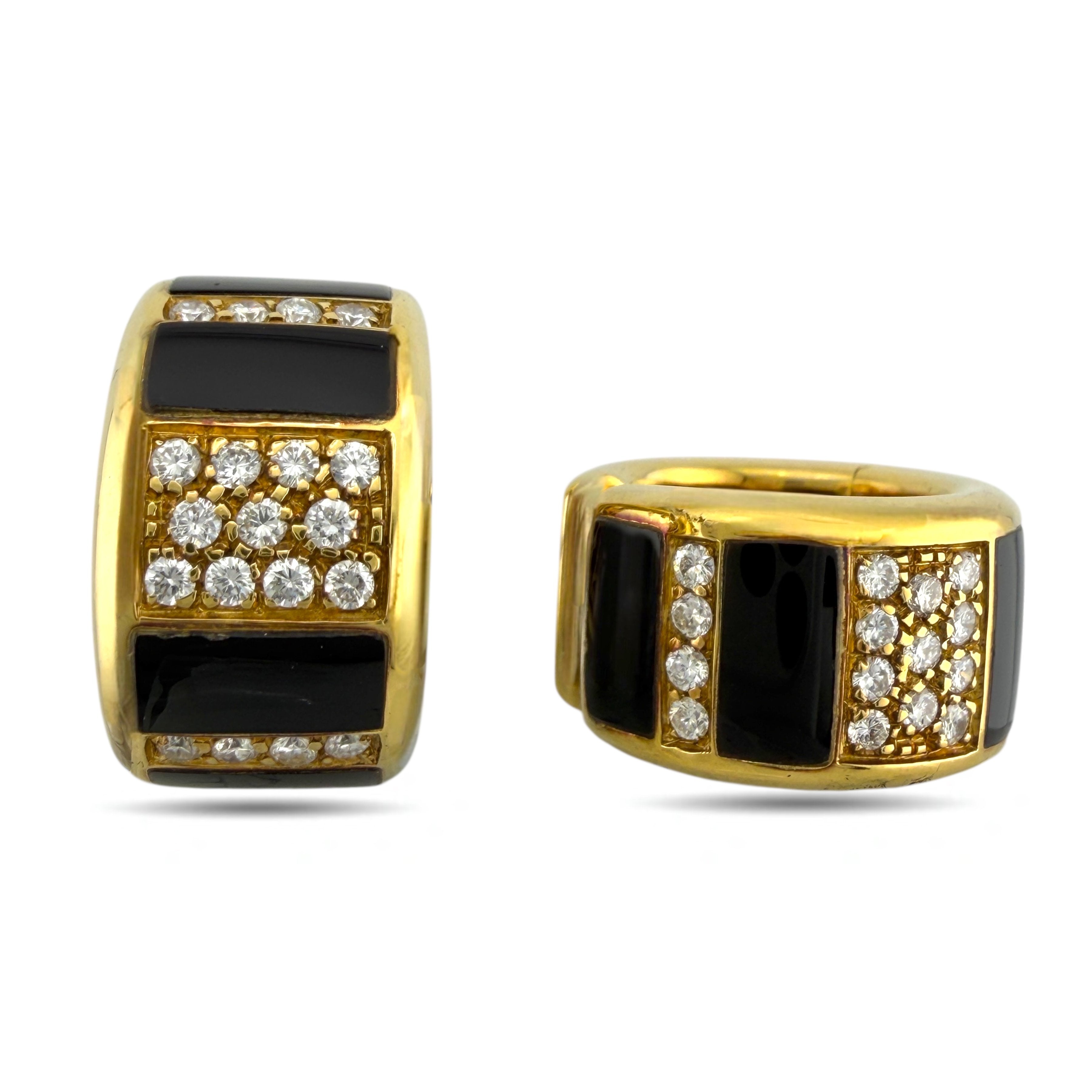 18K Yellow Gold 0.76ct Diamond and Black Enamel Hinged Huggy Earrings