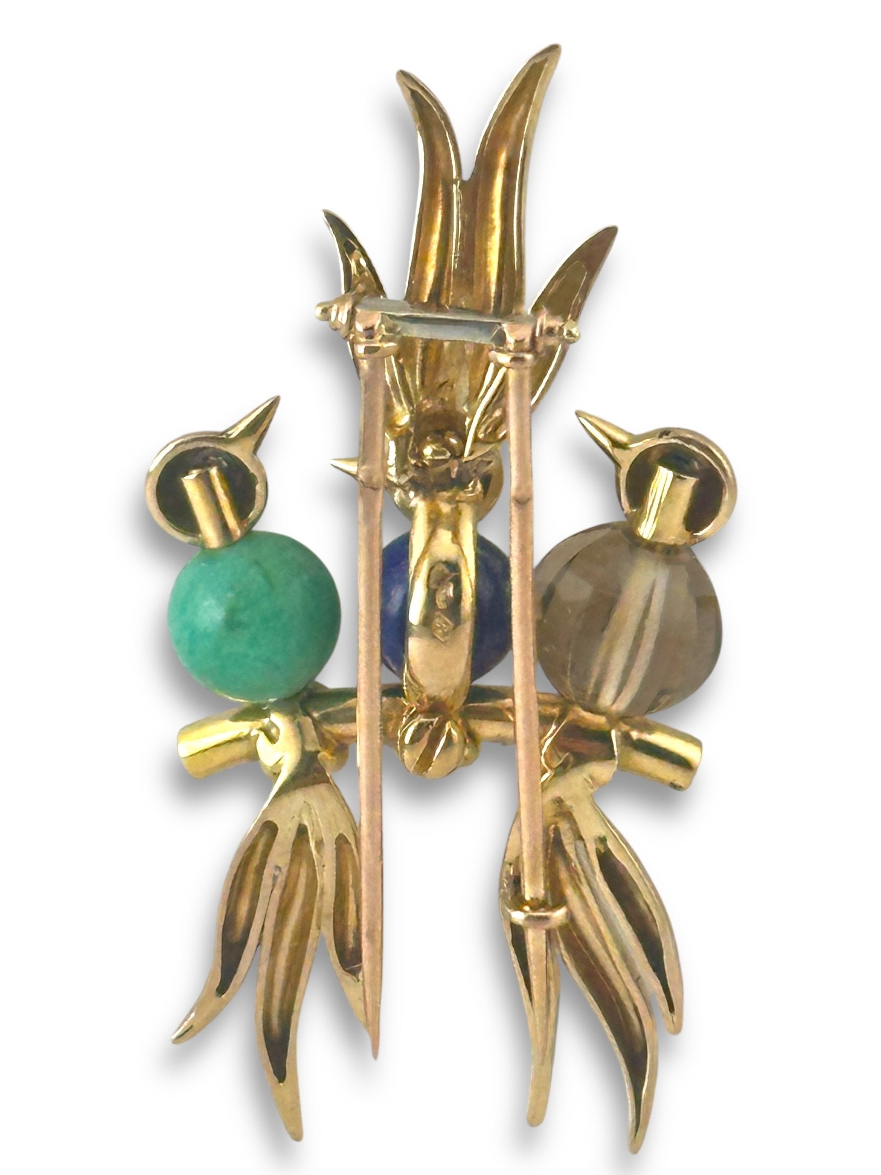Brooch - 14 kt. Yellow gold, Trio of Birds Diamond-Eyed Brooch in 14K Gold
