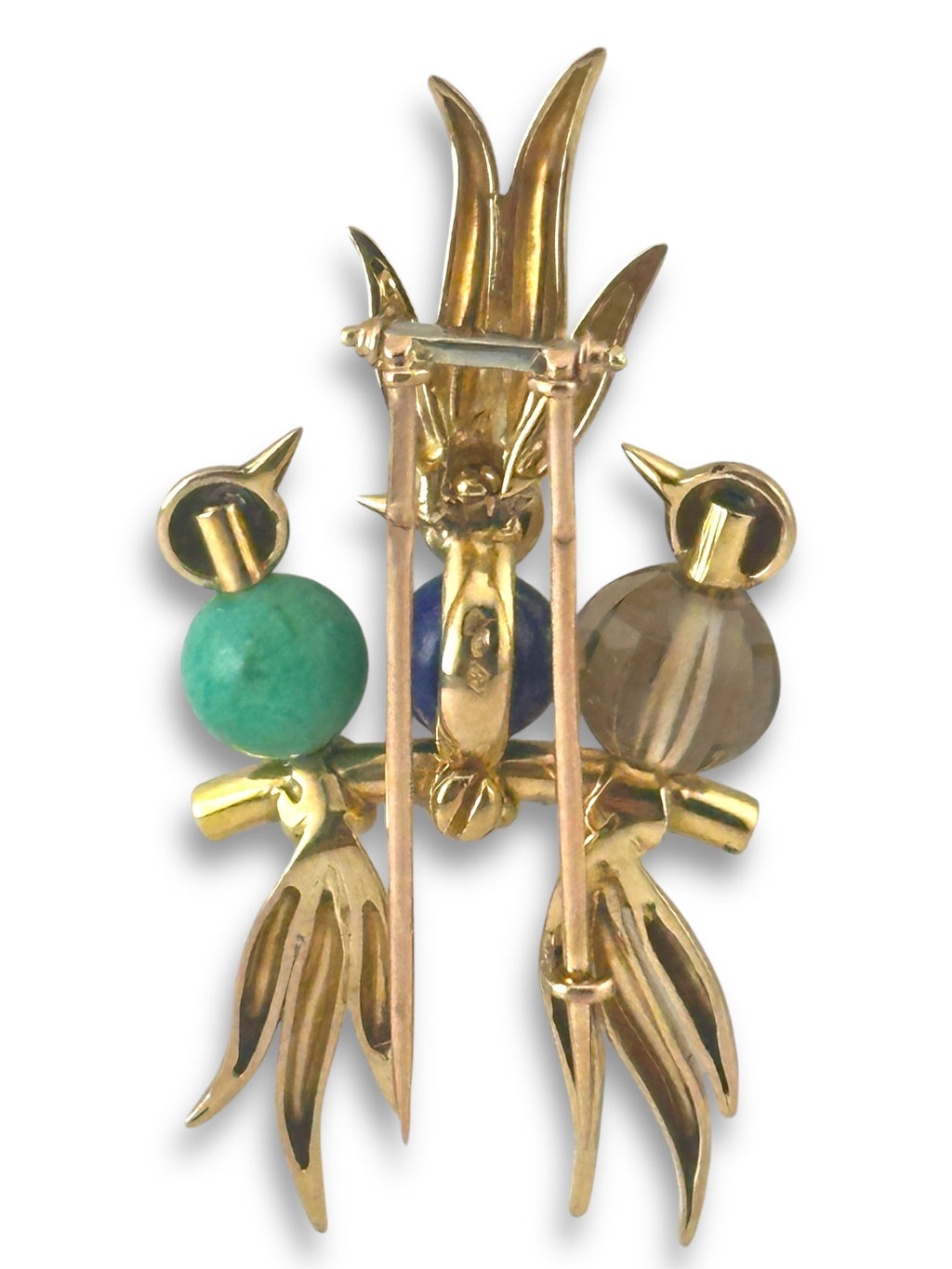 Trio of Birds Diamond-Eyed Brooch in 14K Gold