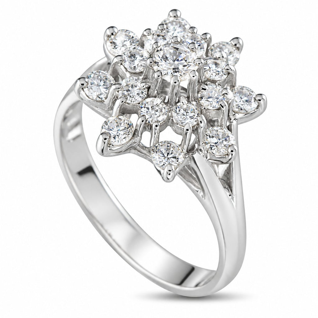 14K white gold diamond cluster ring, angled view showing round stones and prongs