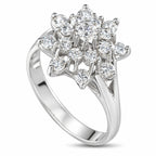 14K white gold diamond cluster ring, angled view showing round stones and prongs
