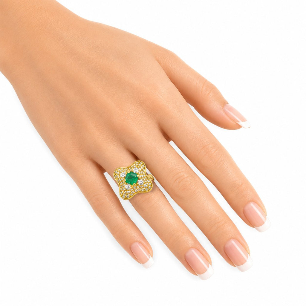 18K Yellow Gold 0.80ct Emerald and 1.08ct Diamond Cocktail Ring
