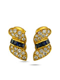 18K yellow gold earrings with diamond clusters and blue sapphire baguettes, front view