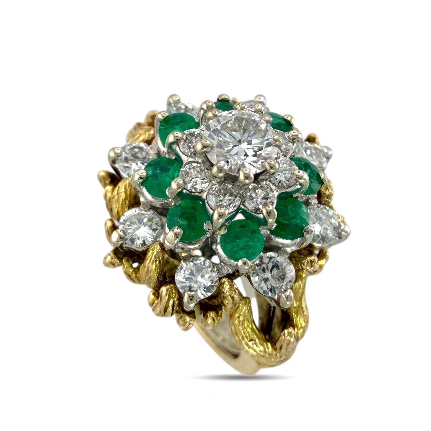 14K Yellow Gold Ring 1.2ct Diamonds and Emerald