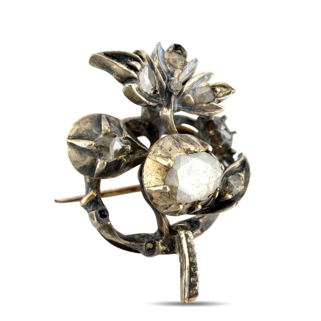 14K Rose Gold 0.3ct Diamond Flower Motif Antique Brooch, Rose Gold
