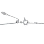 Necklace clasp and chain detail with spring ring closure and engraved bar tag
