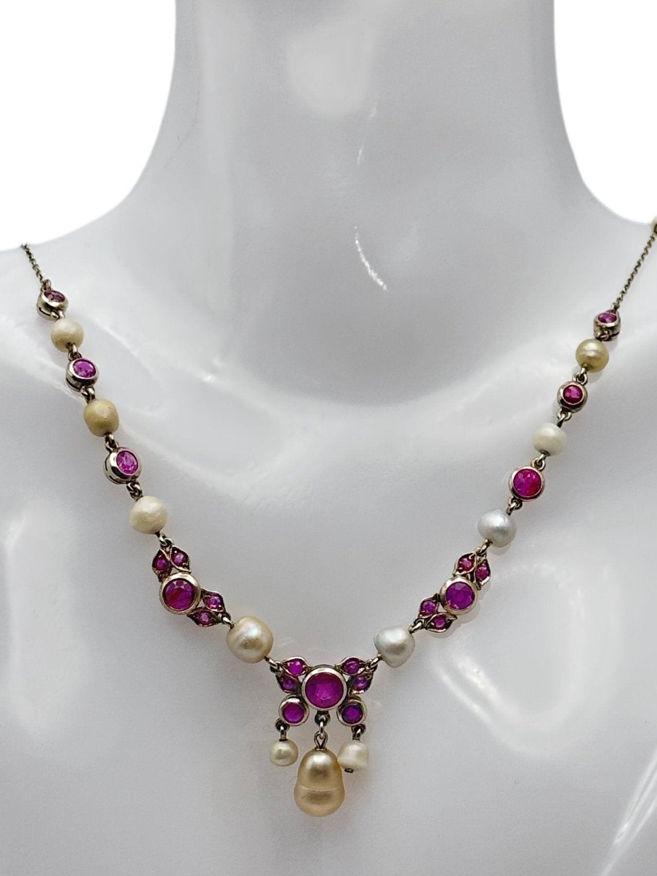 14K Gold Necklace with Natural Rubies and Pearls
