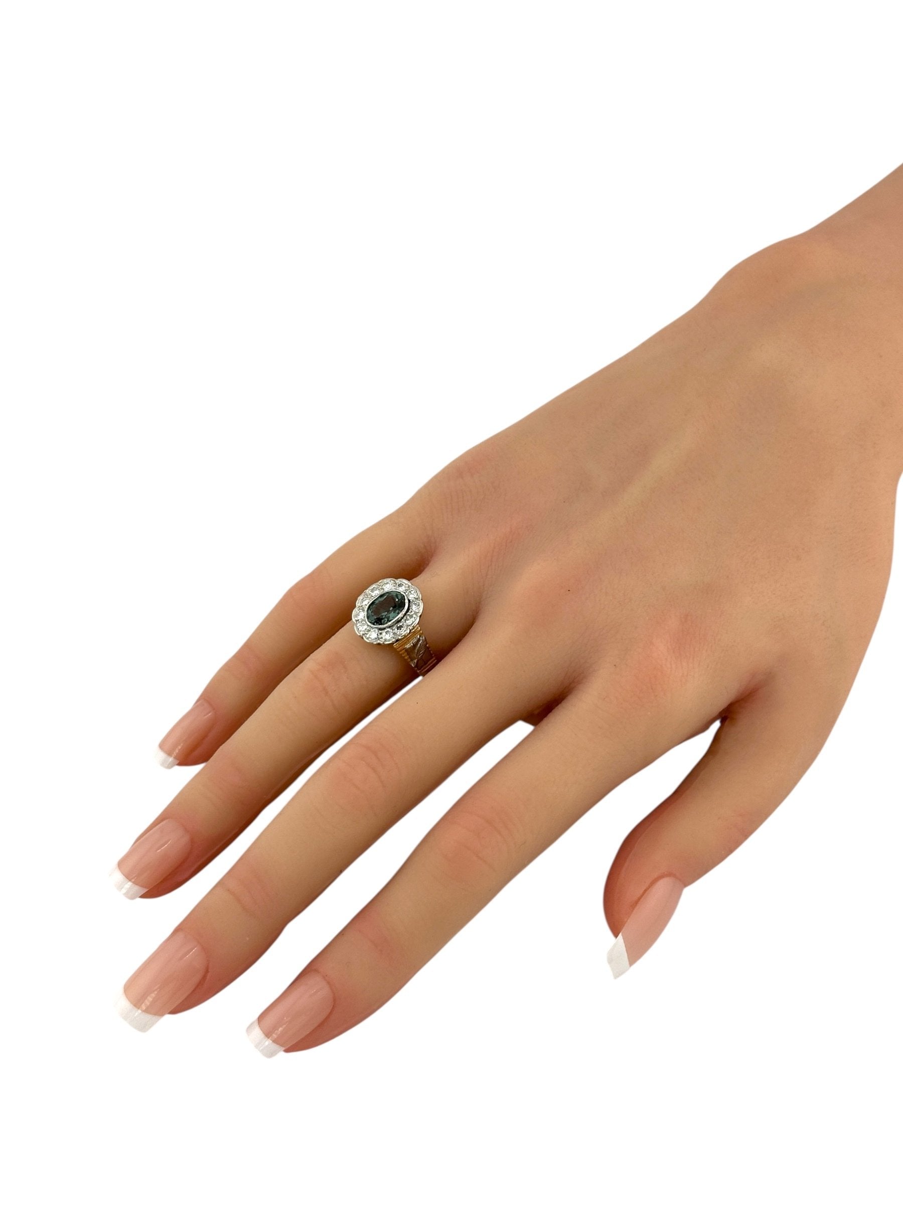 Antique 14K Rose Gold Ring with Diamonds and Green Tourmaline
