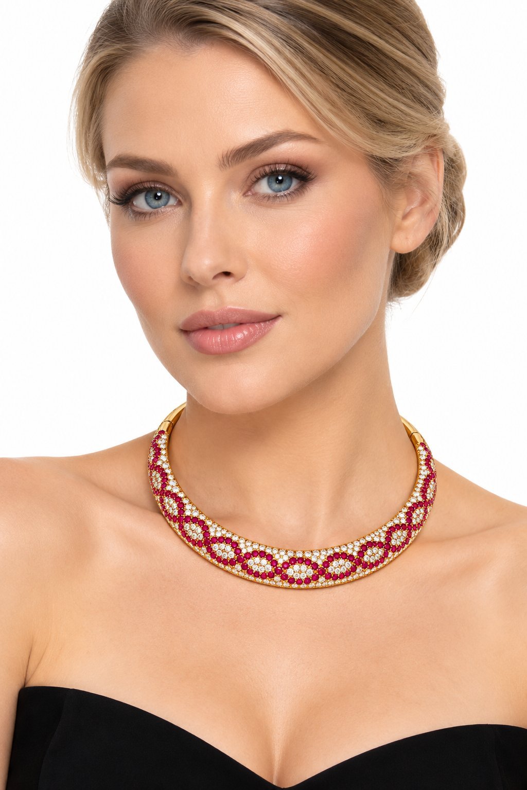 Ruby and diamond collar necklace worn on model neckline
