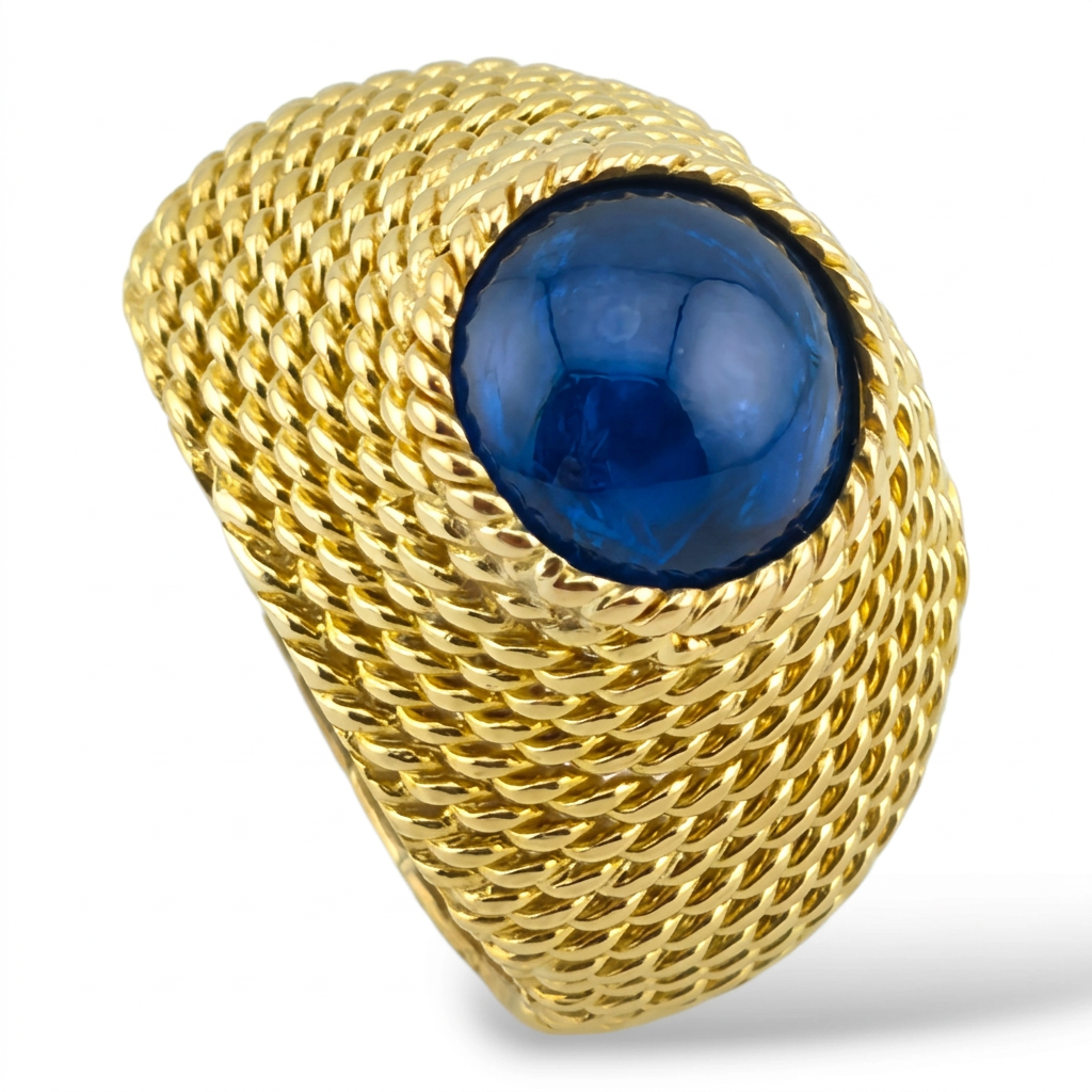Boucheron Vintage 18K Yellow Gold and 4ct Natural Sapphire Rope Dome Ring