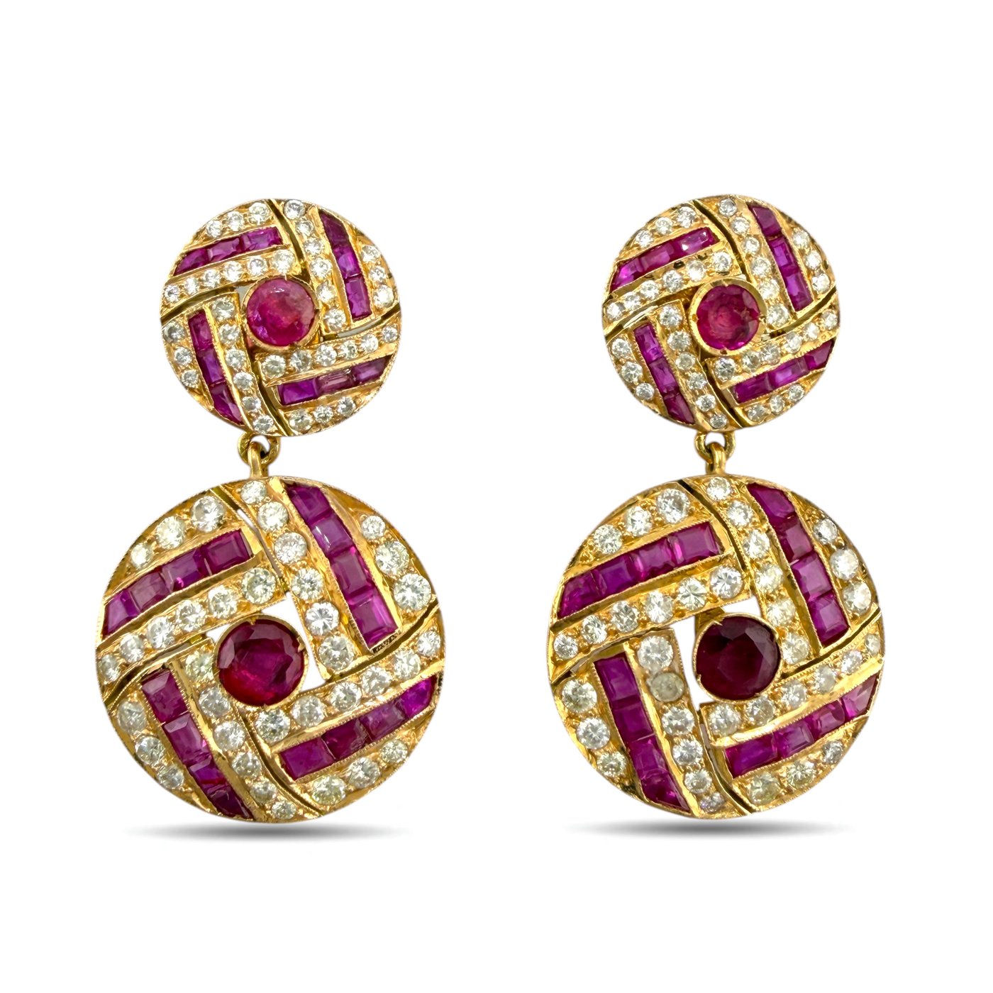 Ruby and diamond drop earrings, round top and dangling circular design with purple stones