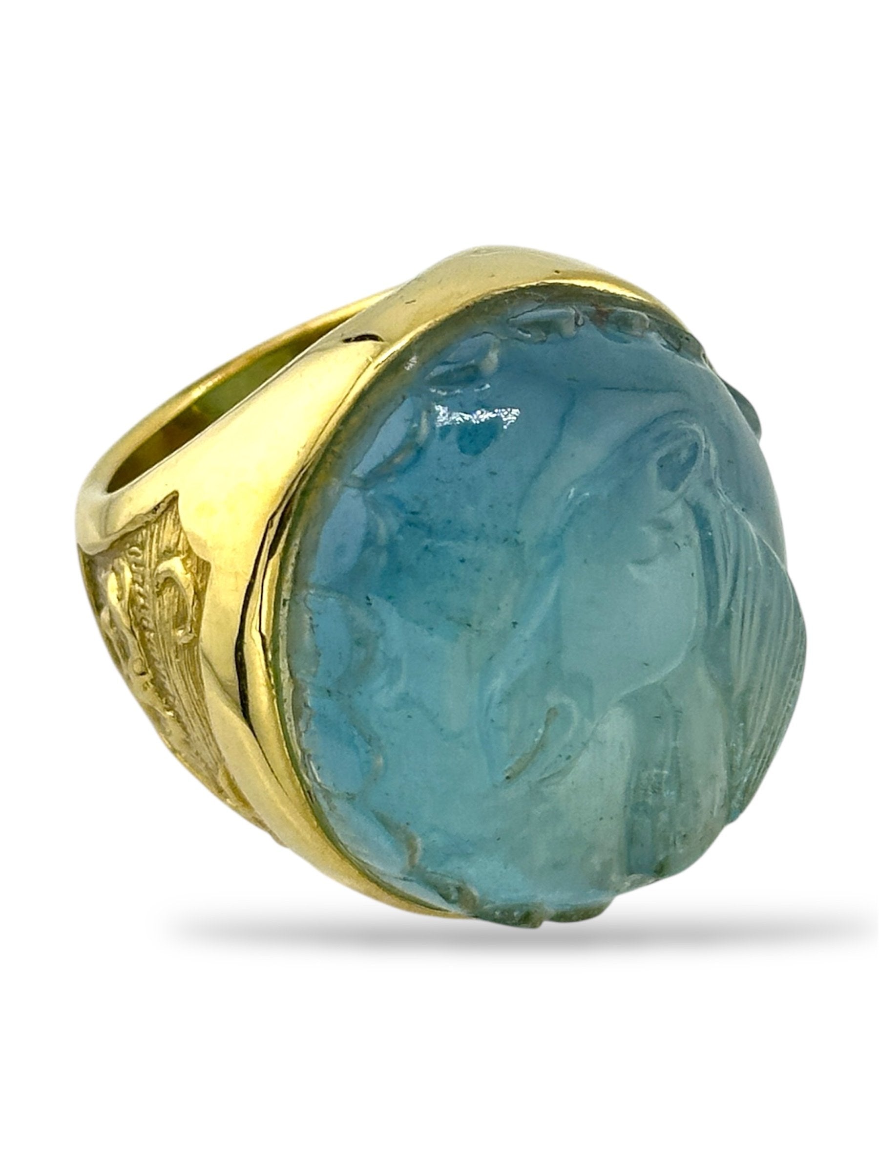 18K Gold Ring with Large Light Blue Horse Engraved Aquamarine
