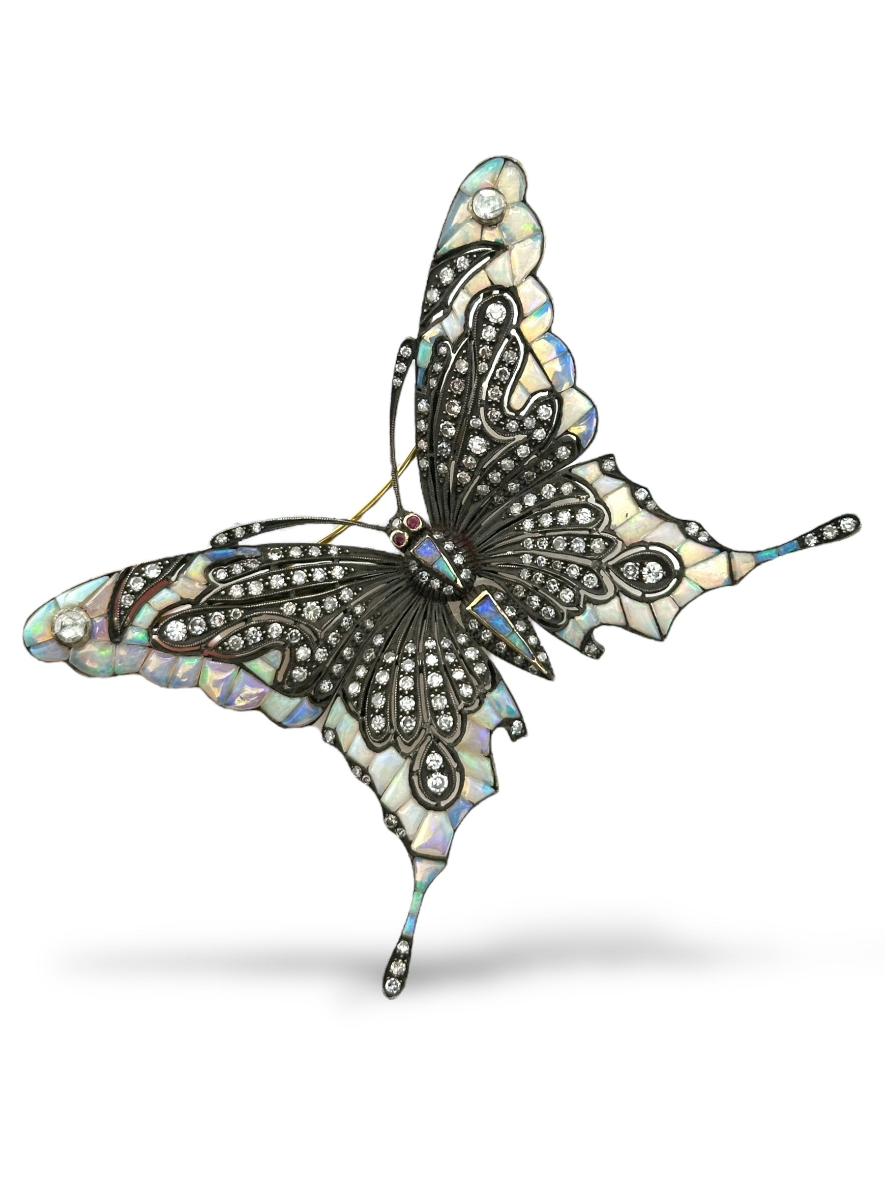 18K Yellow Gold Large Butterfly Brooch with Diamonds, Opals and Ruby Eyes Signed Art Deco