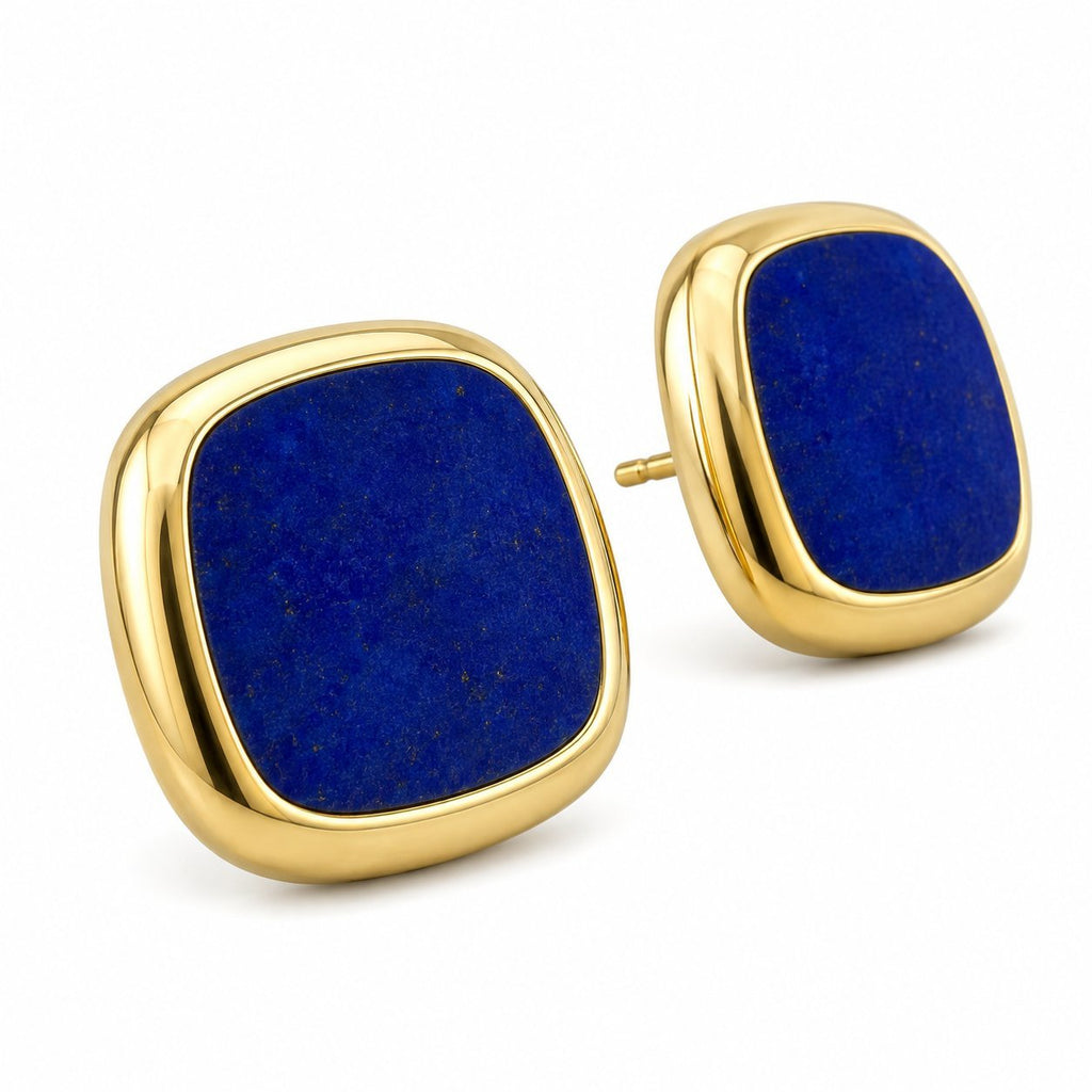 Pair of yellow gold lapis lazuli stud earrings with square blue cabochon stones