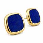 Pair of yellow gold lapis lazuli stud earrings with square blue cabochon stones