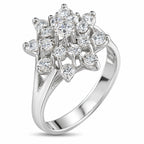 14K white gold diamond cluster ring, close side view highlighting the prong setting