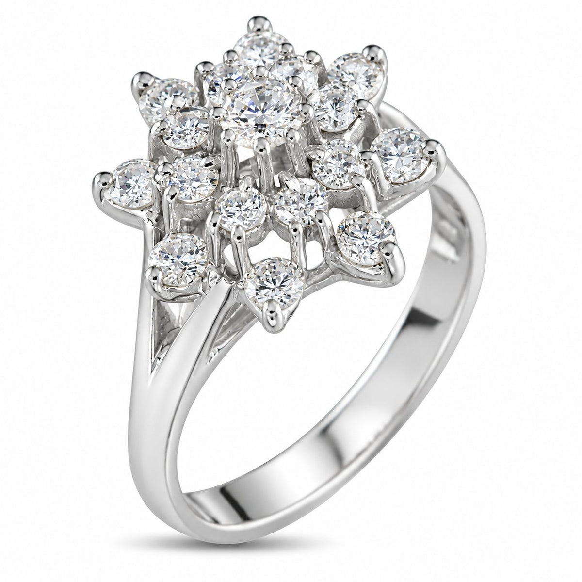 14K white gold diamond cluster ring, close side view highlighting the prong setting