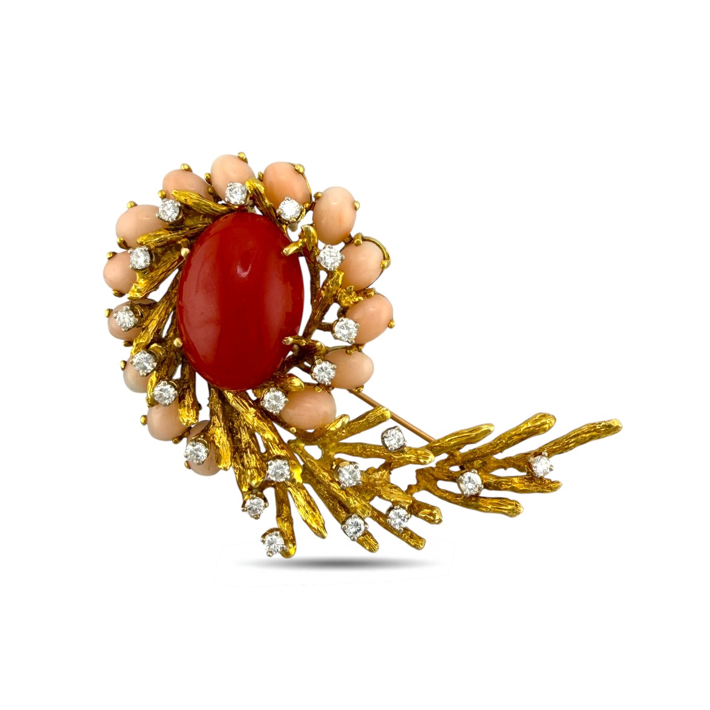 18K Yellow Gold Coral and 6.45ct Diamond Brooch and Earring Set