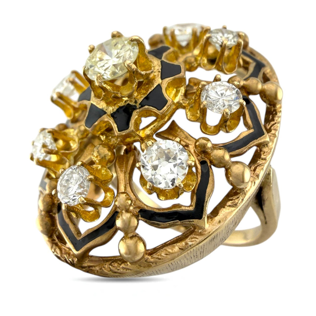 14K Yellow Gold Enamel and Diamond Cocktail Ring