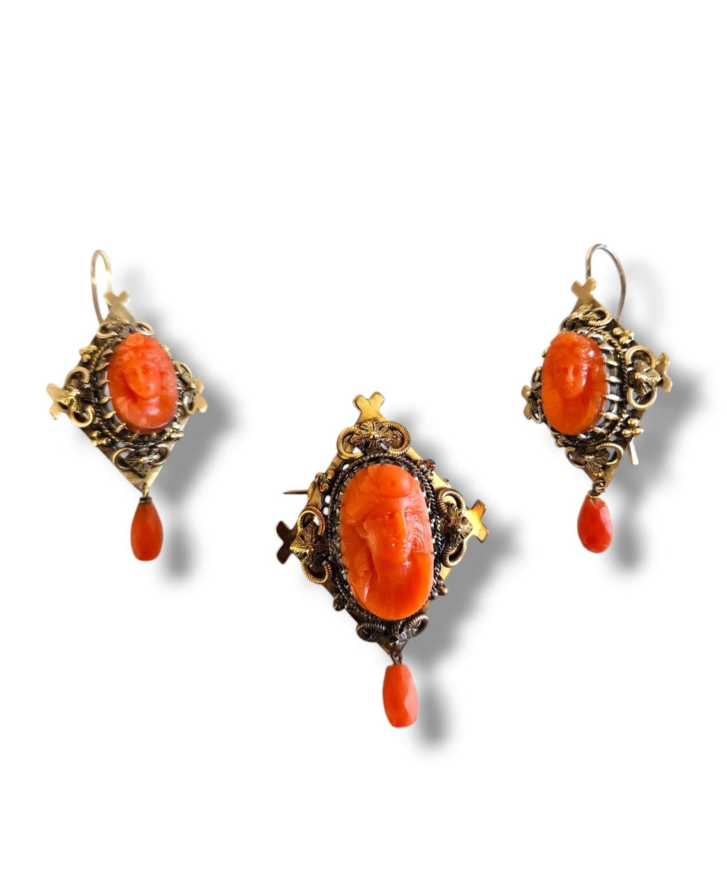 Victorian 14K Carved Coral Cameo Set Pendant, Brooch, Earrings