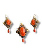 Victorian 14K Carved Coral Cameo Set Pendant, Brooch, Earrings