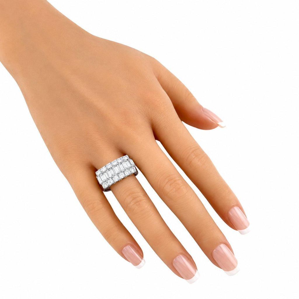 18K white gold diamond statement ring on hand, multi-row baguette and round stones