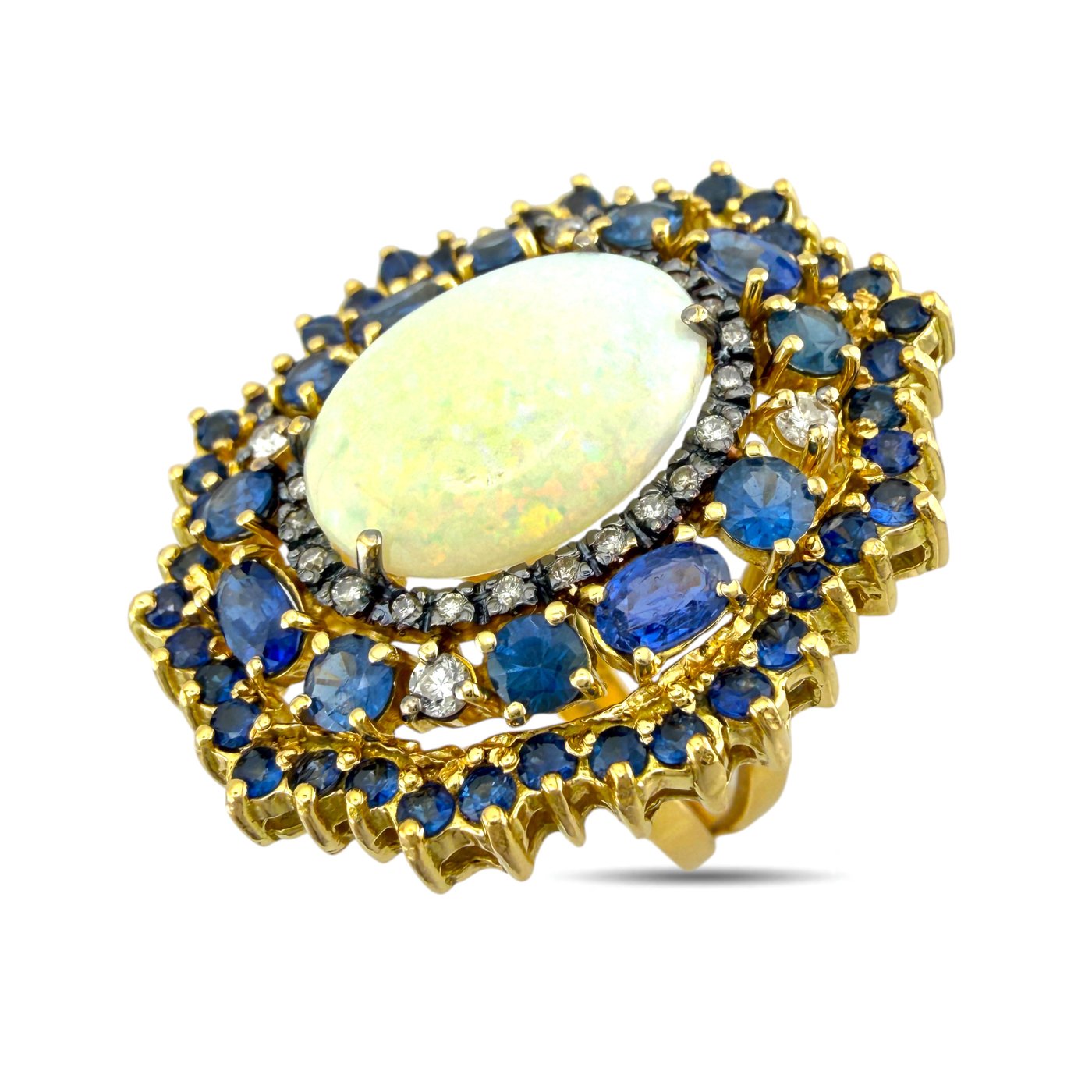 18K Yellow Gold 3.60ct Sapphire 0.91ct Diamond and 5.00ct Opal Cocktail Ring