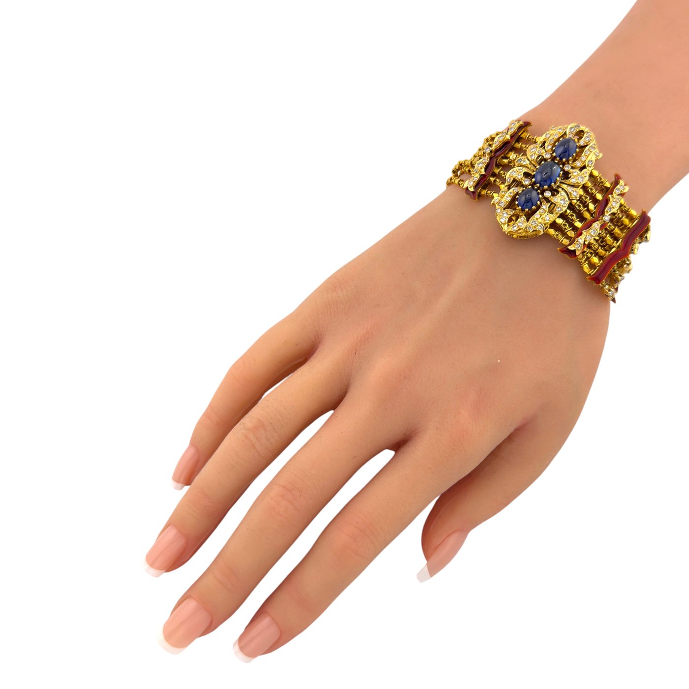 Antique 18K Yellow Gold Red Enamel 4.00ct Sapphire and 2.50ct Diamond Bracelet