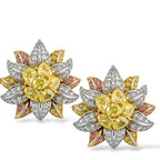 18K white gold flower diamond earrings with yellow center stones and gold-and-purple accents