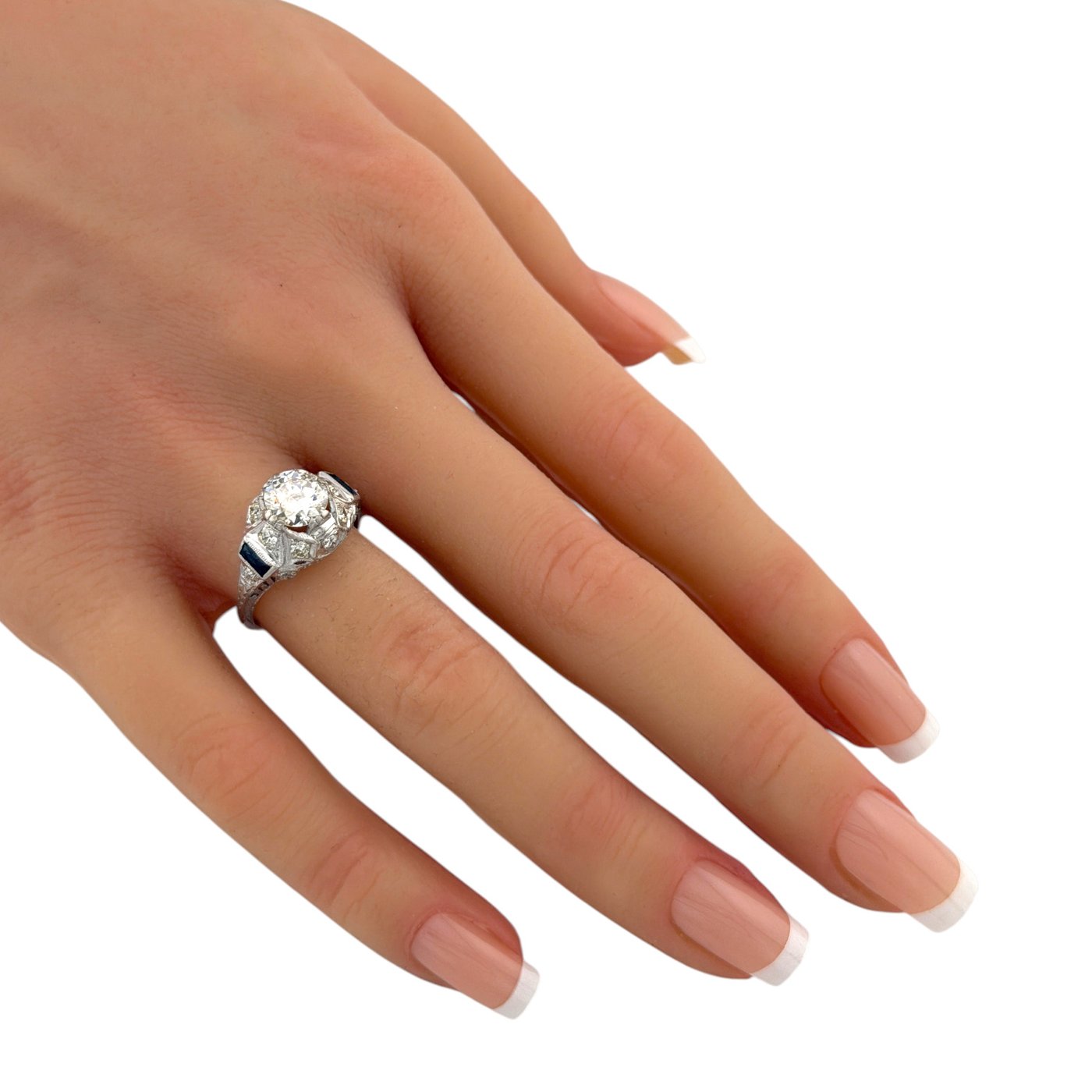 Art Deco 18K White Gold 2ct Diamond and Sapphire Ring