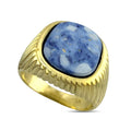 Yellow gold oval lapis lazuli ring with ridged band and blue stone bezel