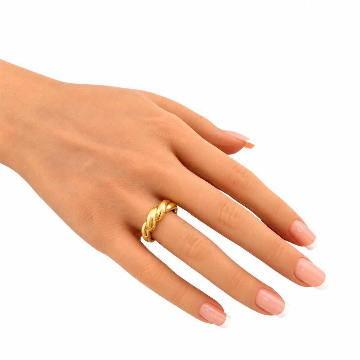 18K yellow gold sculptural ring worn on hand, glossy twisted bands