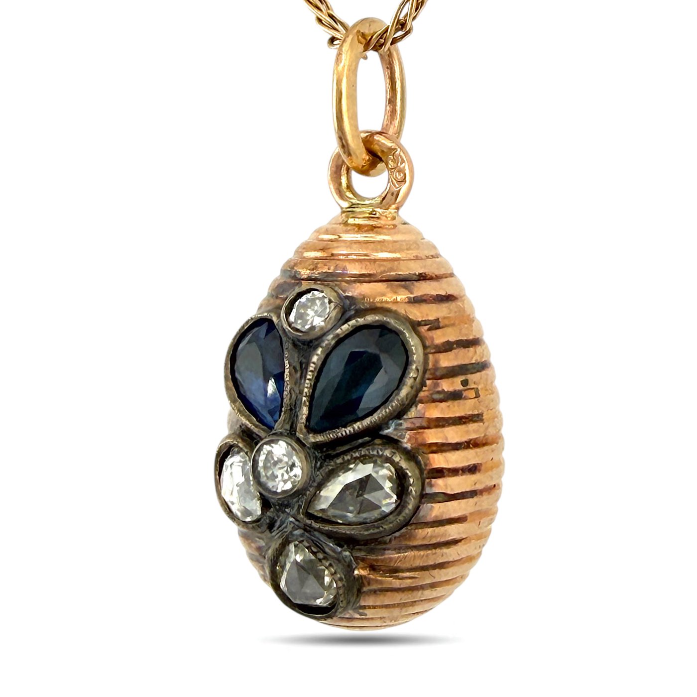 Imperial Russian Faberge 14K Rose Gold Sapphire and Diamond Egg Pendant by Michael Perkhin Diamond