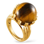 18K yellow gold ring with tiger’s eye cabochon and six-prong halo setting