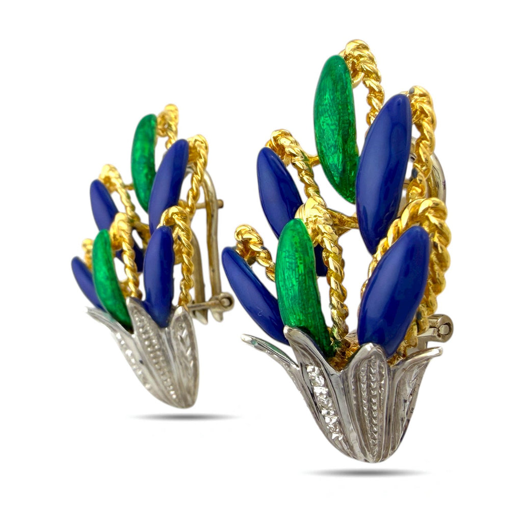 18K Yellow and White Gold Blue and Green Enamel Diamond Earrings
