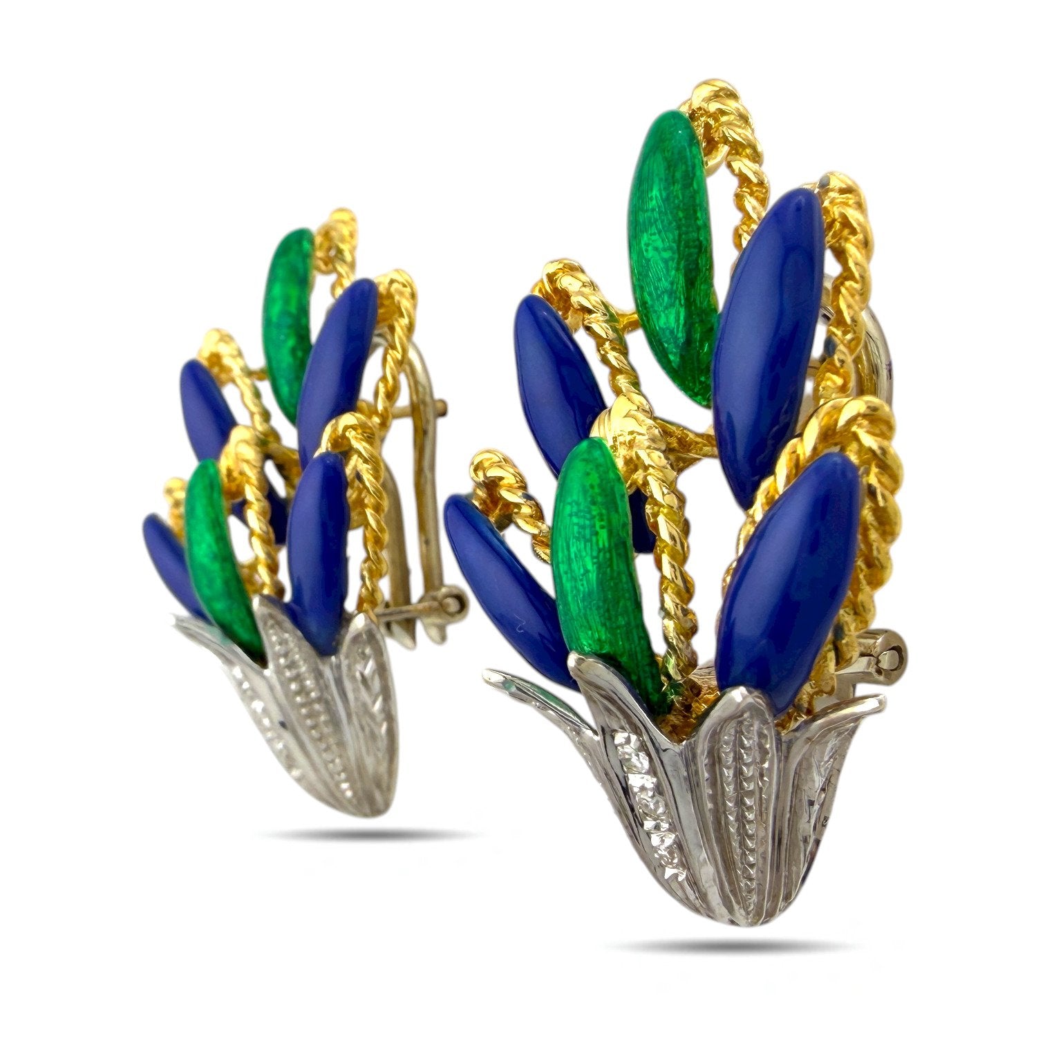 18K Yellow and White Gold Blue and Green Enamel Diamond Earrings