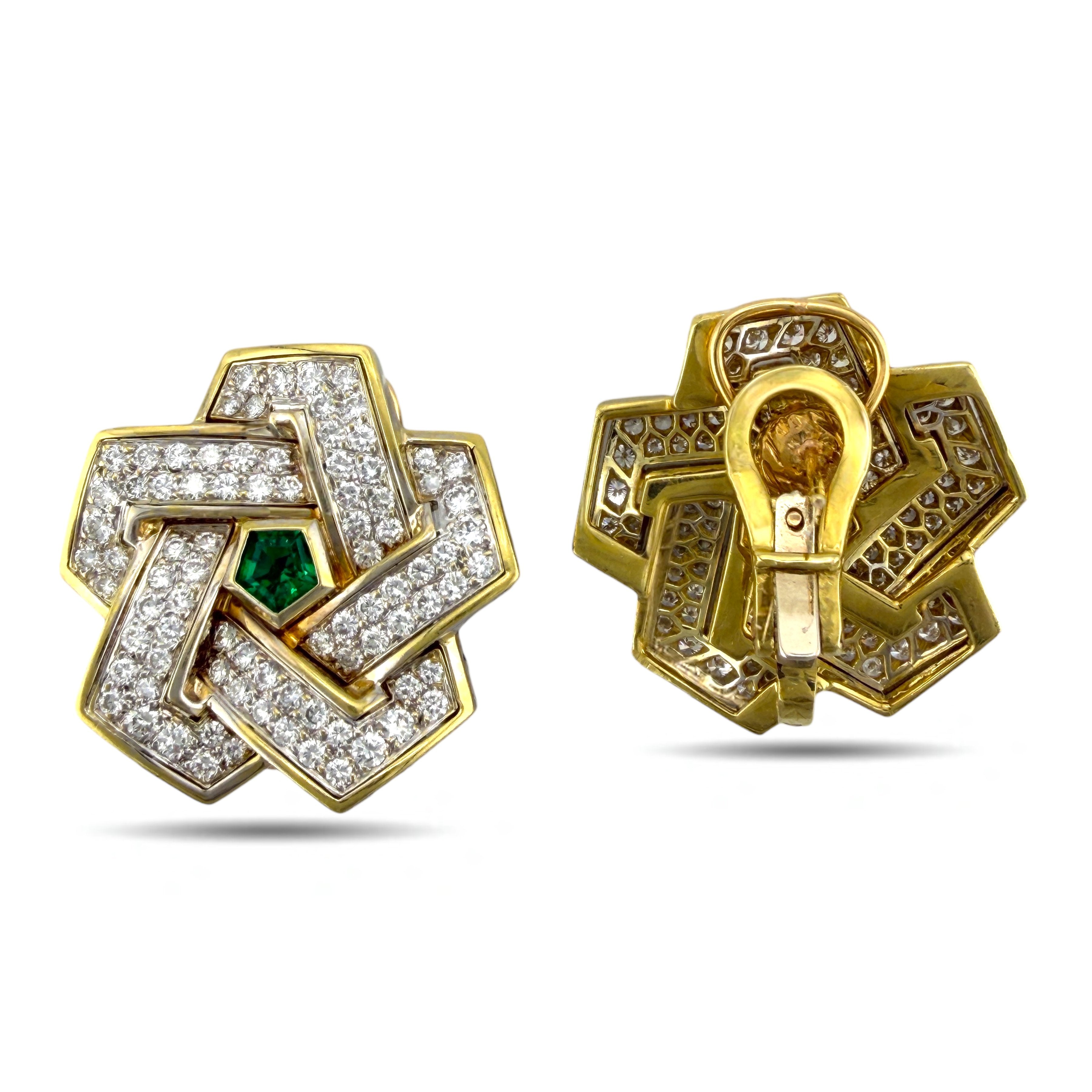 18K Yellow Gold Interlocking 7ct Diamond and Emerald Earrings