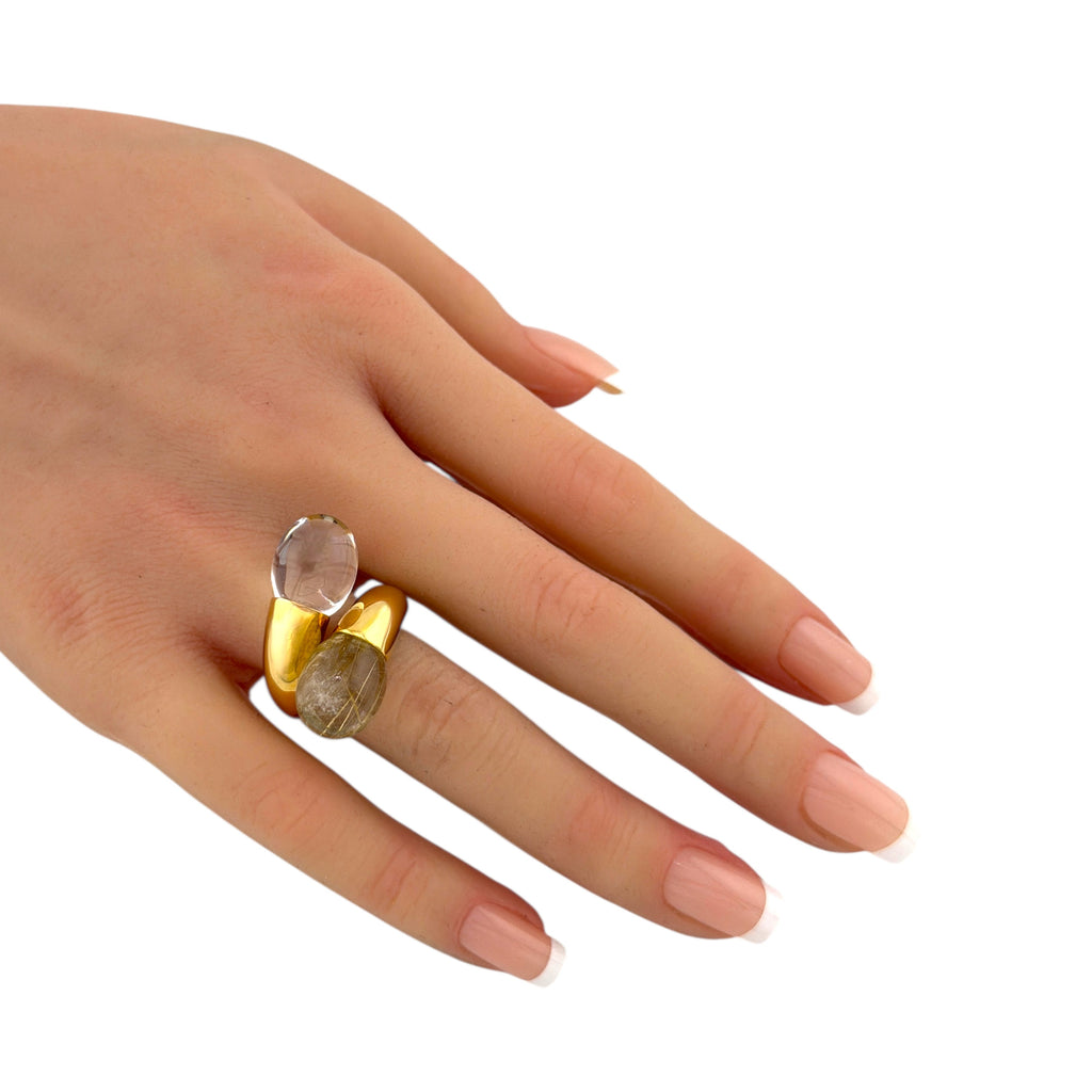 Bacharach 18K Yellow Gold Smoky and Rutilated Quartz Necklace and Ring Set