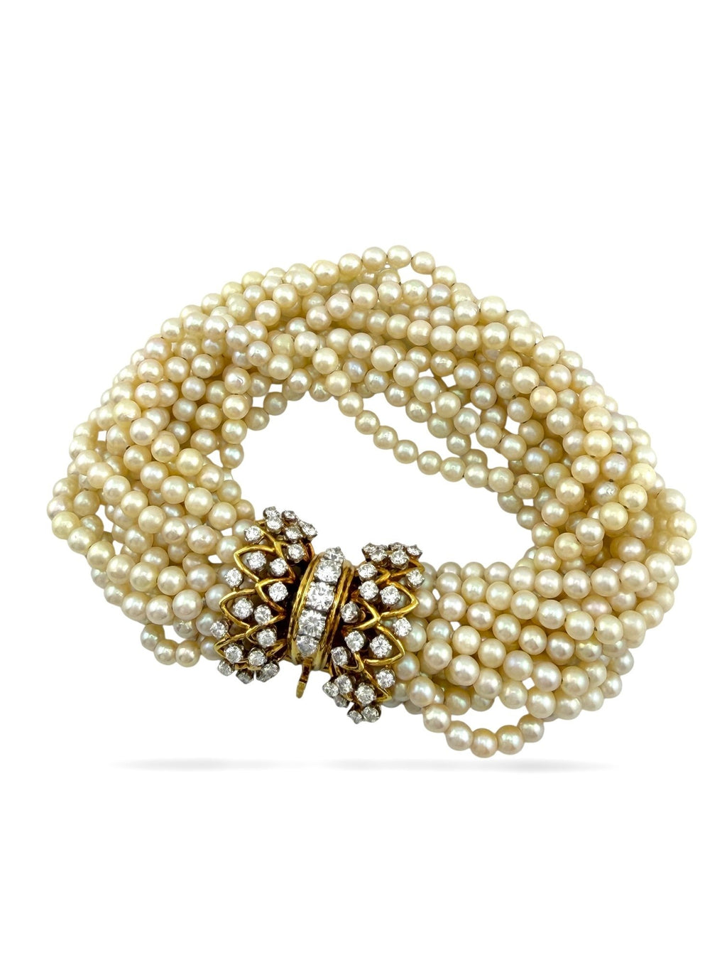 Antique 18K Yellow Gold Multi-Strand Pearl and 4.3ct Diamond Bracelet