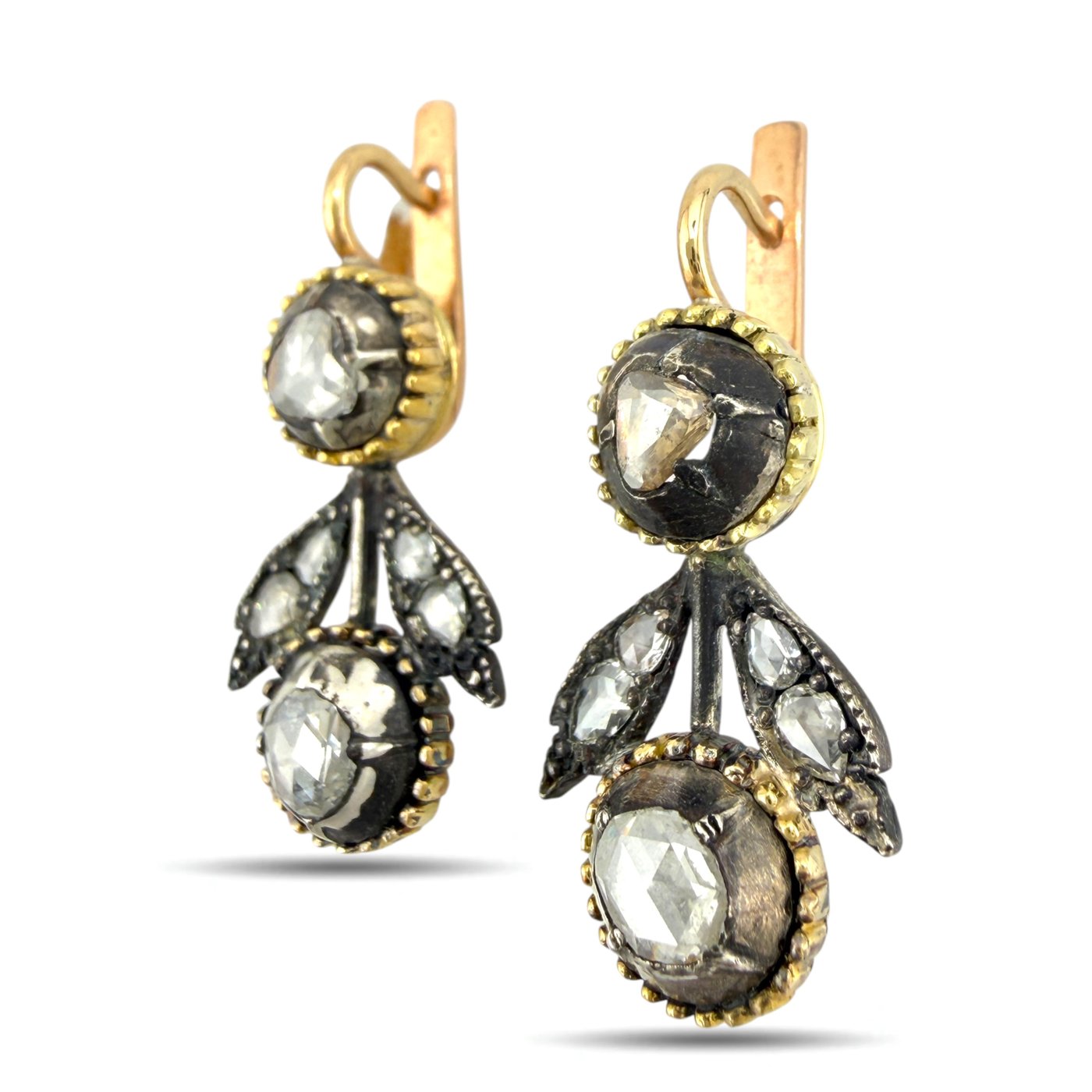Imperial Russian 56 Rose and Yellow Gold and Old Cut 1.80ct Diamond Earrings
