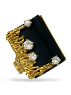 18K Yellow Gold Ring with Diamonds, Black Stone and Pressure-Relief Mechanism