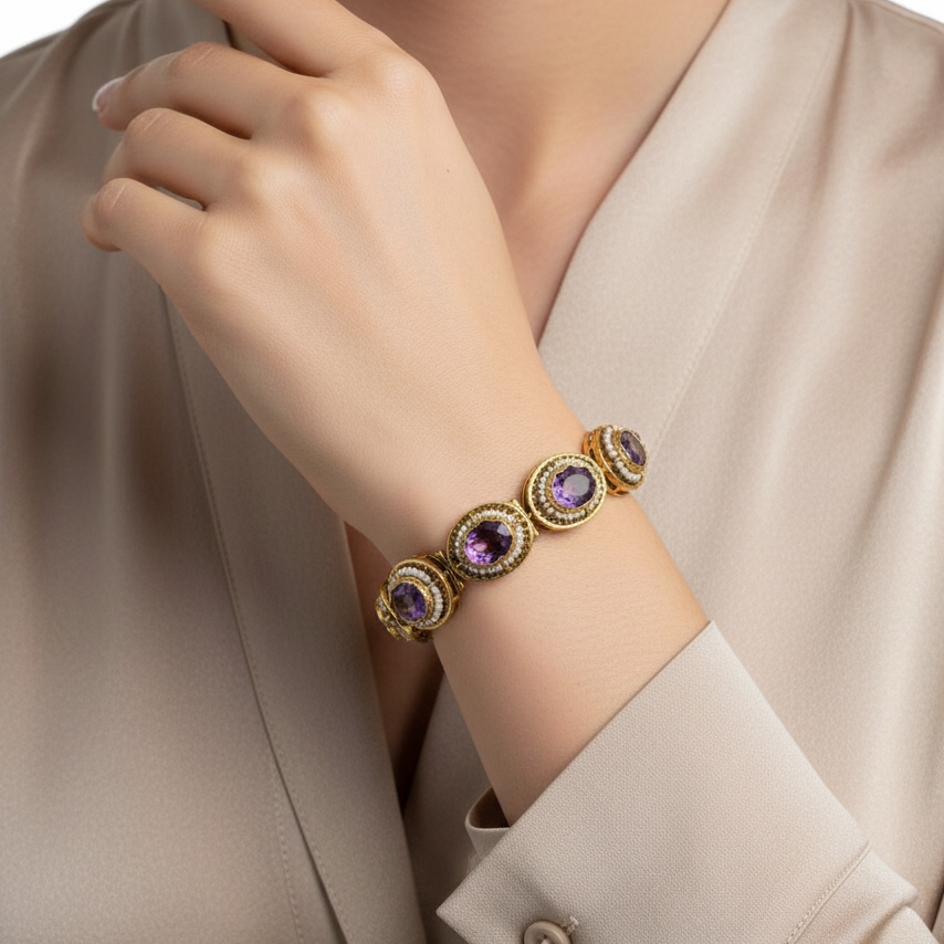 Antique 14K Yellow Gold Amethyst and Pearl Link Bracelet