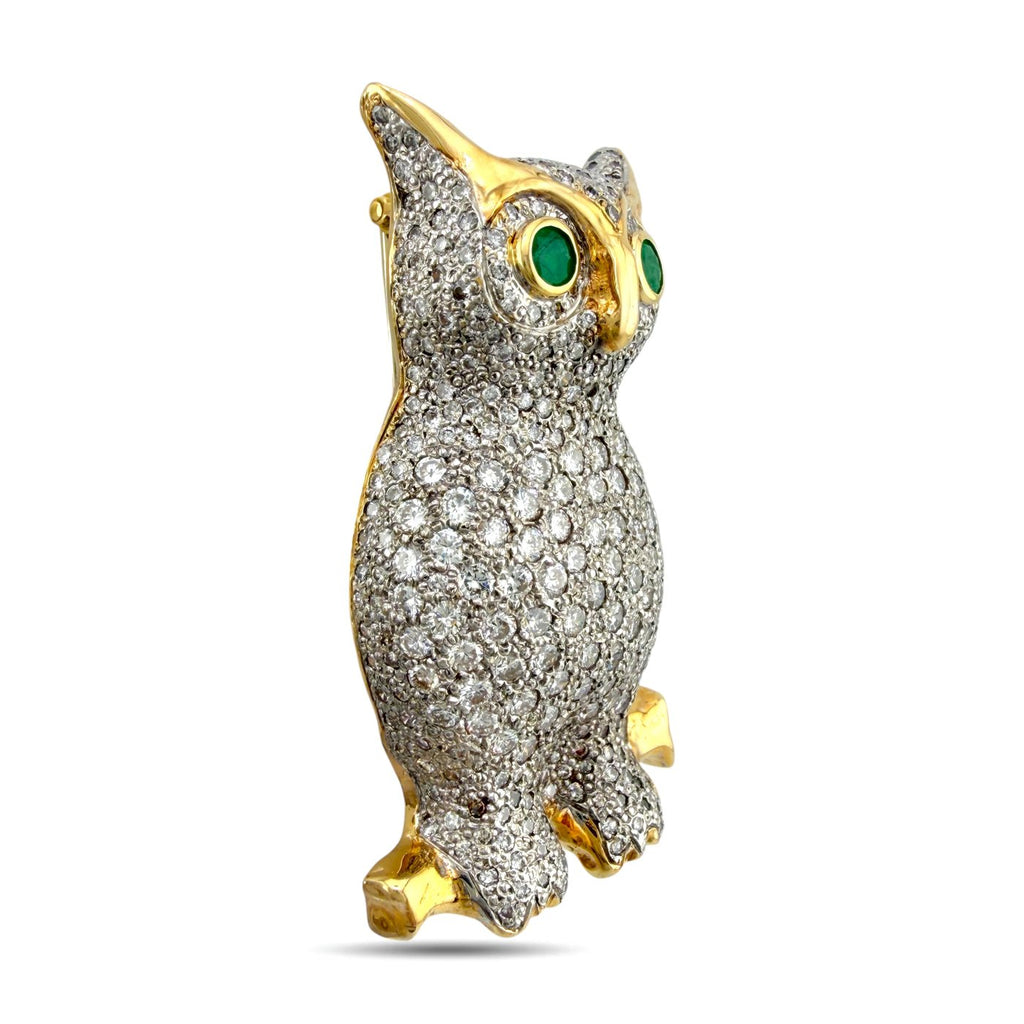 French 14K Yellow Gold 10.00ct Diamond and 0.30ct Emerald Owl Brooch