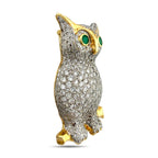 French 14K Yellow Gold 10.00ct Diamond and 0.30ct Emerald Owl Brooch