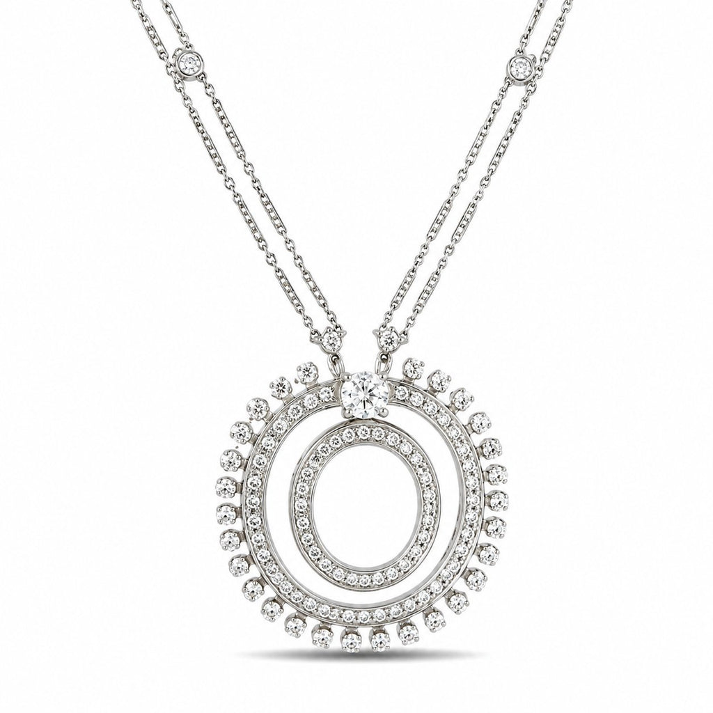 Round diamond halo pendant with four-row chain, 18K white gold