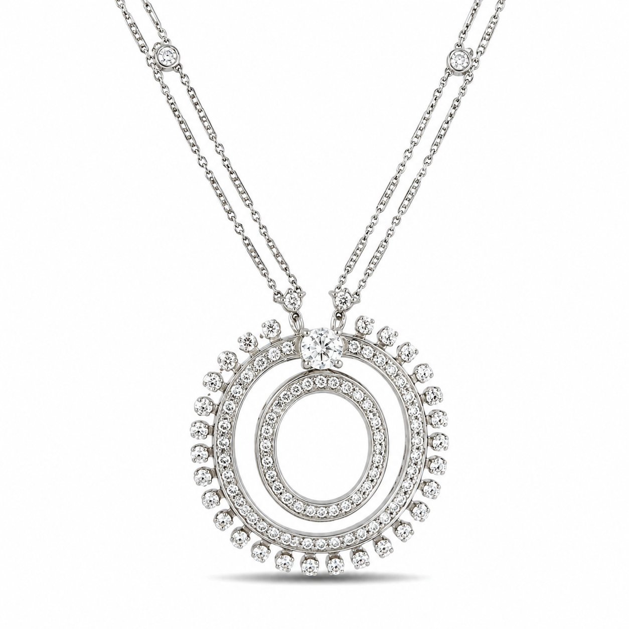 Round diamond halo pendant with four-row chain, 18K white gold